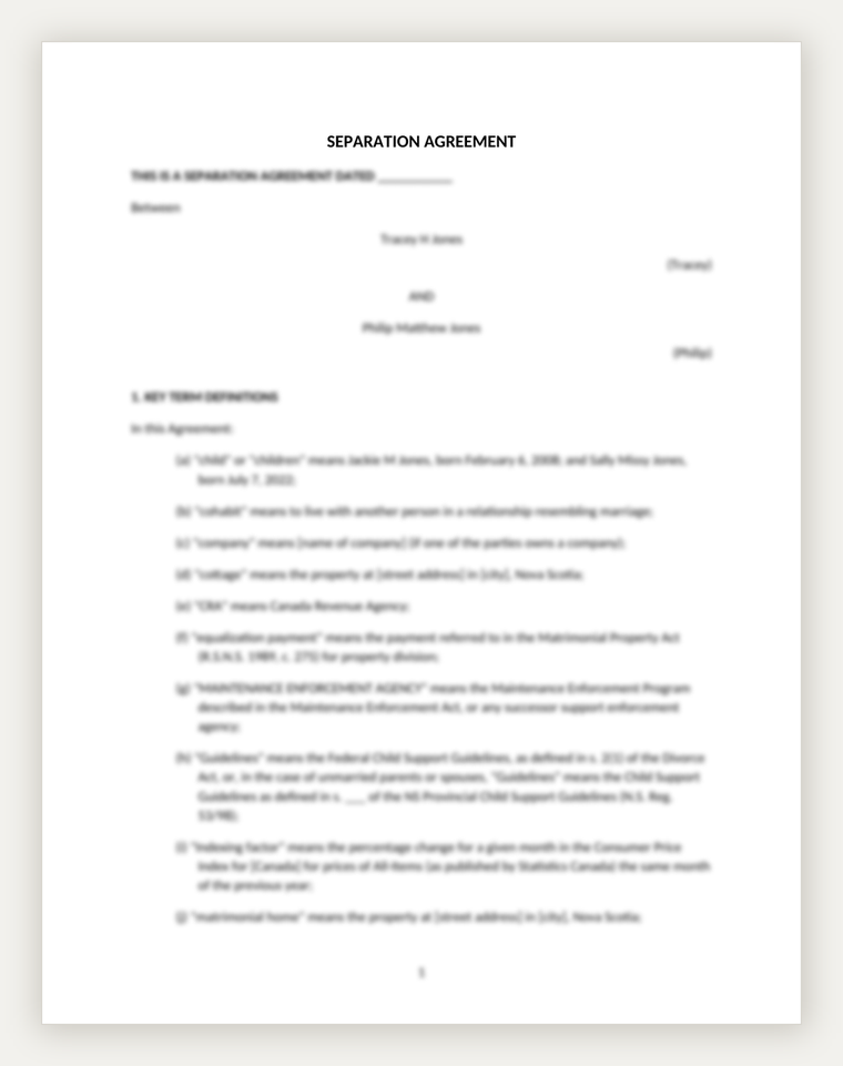 First page of a separation agreement produced by MyselfRep.com