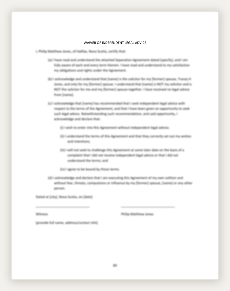 Waiver of independent legal advice page included in the agreement